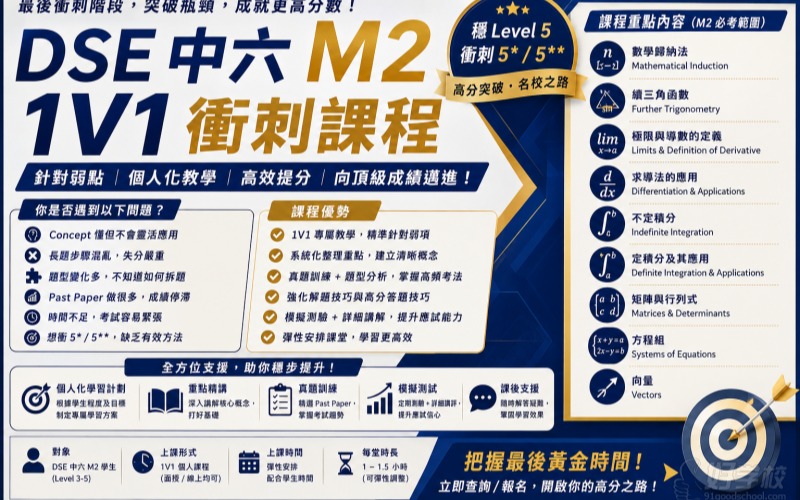 广州DSE中六M2（延伸数学2）1V1冲刺课程