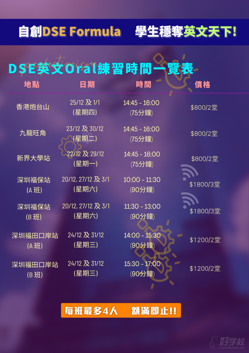 &nbsp; 中学毕业于香港传统 Band 1A 名校九龙华仁书院，香港中学会考6A尖子，免香港高考（HKAL）拔尖直升香港中文大学双主修学位多年中学英文补习经验，学生遍布全港各大名校和内地，善于快速提升学生成绩针对内地同学数理化强而英文弱的特点， DSE 英文创立「Formula」教学法，将困难的 DSE 英文变为易于掌握的应试 Formula香港土生土长 DSE 英文老师，完全掌握 DSE 英文模式和夺分技巧&nbsp;&nbsp;