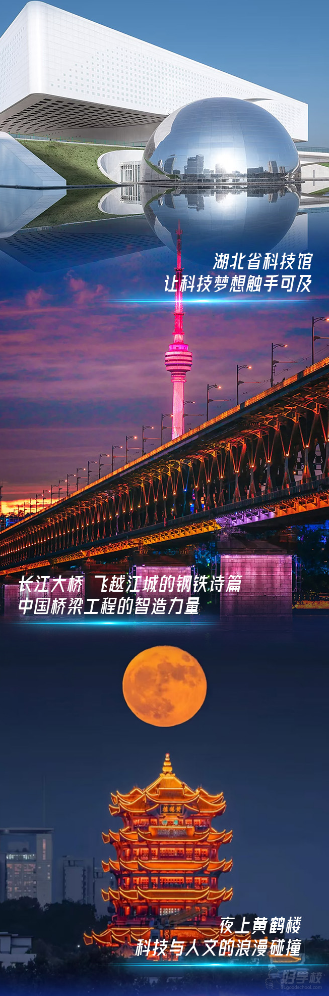 湖北省科技馆让科技梦想触手可及、长江大桥飞越江城的钢铁诗篇中国桥梁工程的智造力量、夜上黄鹤楼科技与人文的浪漫碰撞、夜上黄鹤楼科技与人文的浪漫碰撞